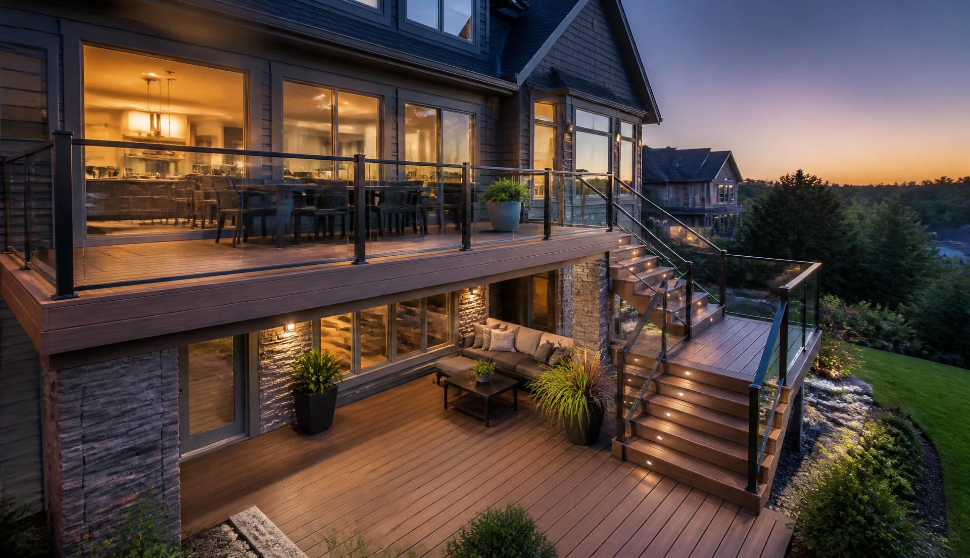 Two-tier deck with glass railings at dusk