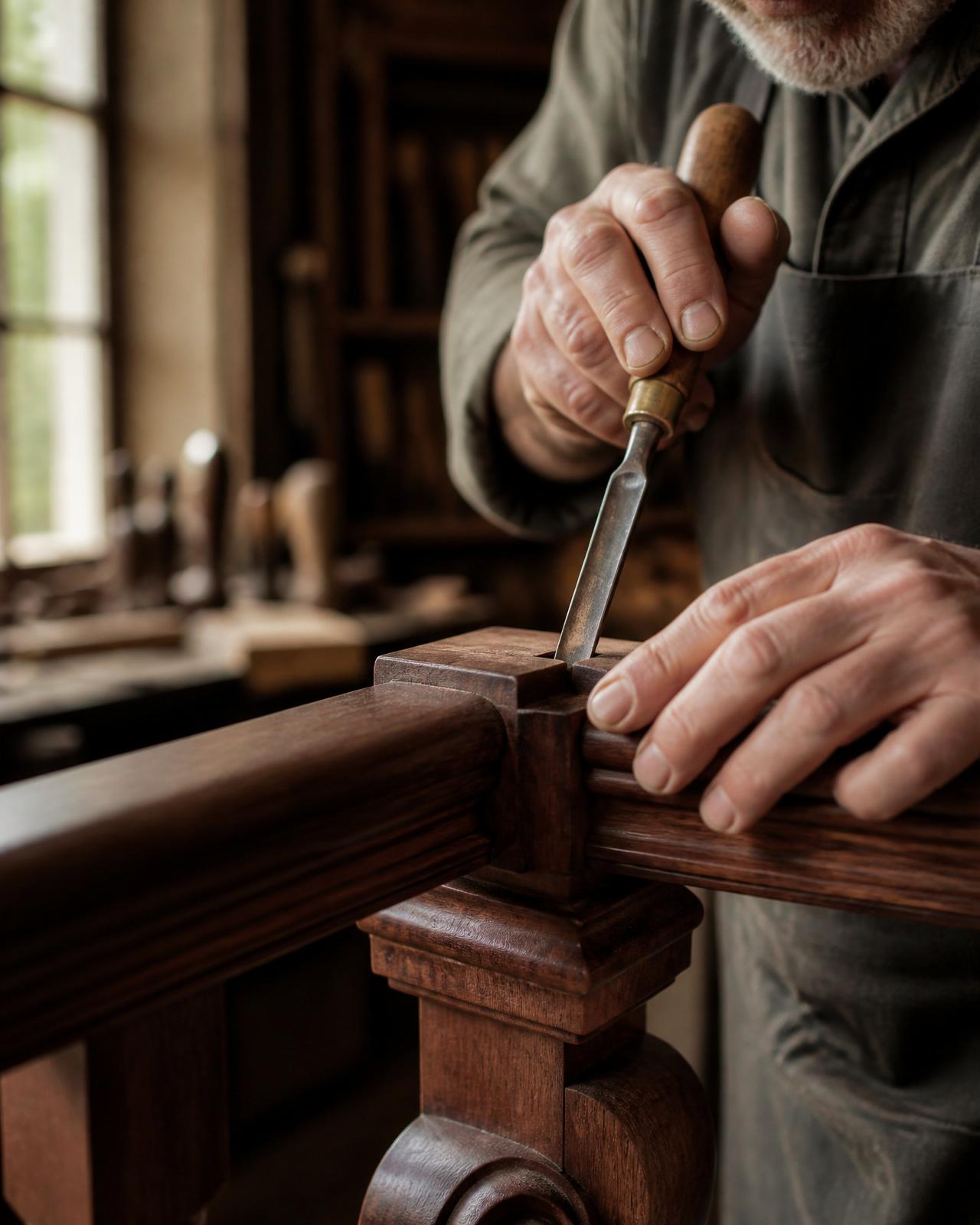 Craftsman working a mahogany railing